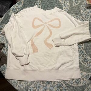 Aerie Pink Bow Graphic Sweatshirt White Keyhole Back Pullover Womens Small